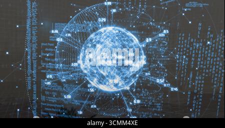 Displaying blue sphere with nodes, lines in data visualization, with numeric labels, code, grid Stock Photo