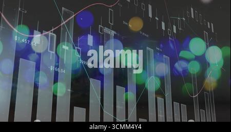 Financial dashboard displaying vertical bars, candlestick icons, lines, numbers, bokeh lights Stock Photo