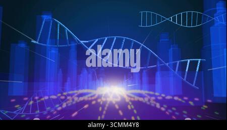 Floating DNA helix above graphs in cyberspace, data particles and light streaks radiating at flare Stock Photo