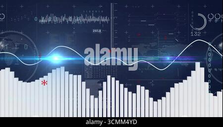 Displaying visualization interface at control hub, featuring bar chart sine wave grid lines and HUD Stock Photo