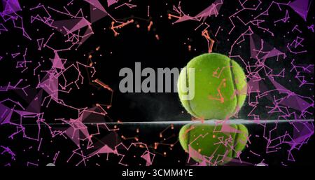 Resting green tennis ball reflecting on surface in studio, with polygonal net graphics, copy space Stock Photo