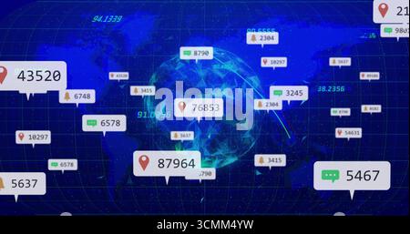 Displaying low-poly globe rotating over neon grid map, with floating pins bubbles bells data points Stock Photo