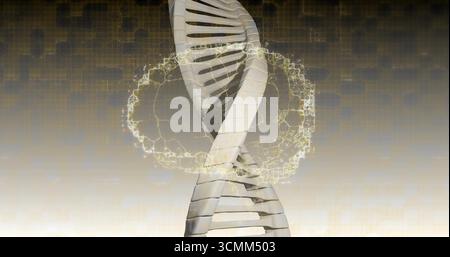 Displaying DNA helix floating among grid lines with hexagonal motifs, golden molecular ring Stock Photo