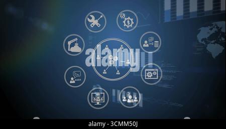 Displaying central network gear icon glowing on blue gradient, showing eight user and tool icons Stock Photo