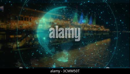 Glowing Earth hologram hovering at night riverfront, with dotted grid orbital rings and data points Stock Photo