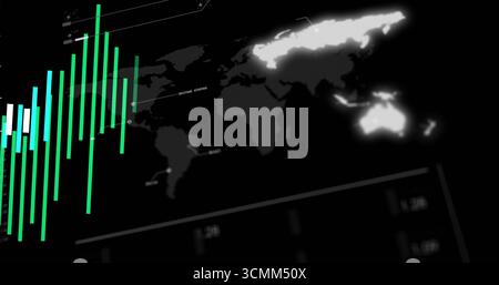Displaying world map in digital dashboard, showing vertical bar chart with gridlines and UI lines Stock Photo