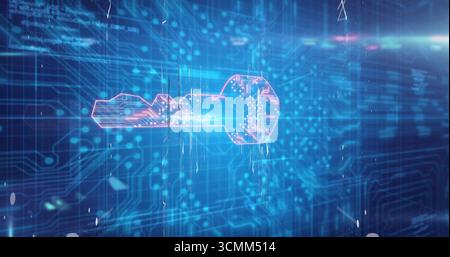 Displaying holographic key icon glowing against blue network interface, circuit traces, data nodes Stock Photo