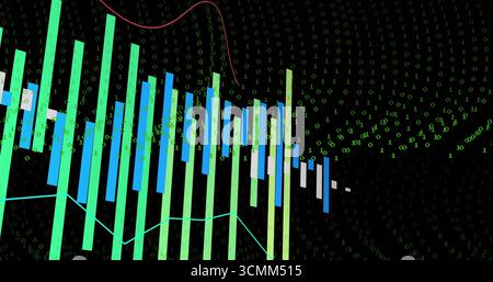 Displaying multicolored bars, red turquoise line graphs on screen, with streaming binary digits Stock Photo