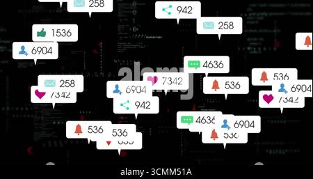 Displaying floating social media notification pop-up boxes on dashboard, with code matrix backdrop Stock Photo