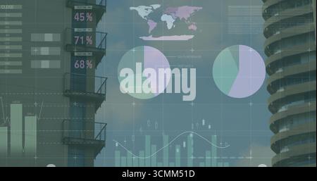Displaying data overlay over urban facades, showing pie charts, bar charts, line graph, world map Stock Photo