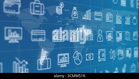 Displaying financial dashboard on virtual blue grid, with world map overlay and finance icons Stock Photo