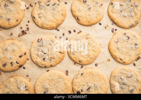 Fresh Chocolate Chip Cookies on Baking Sheet Stock Photo