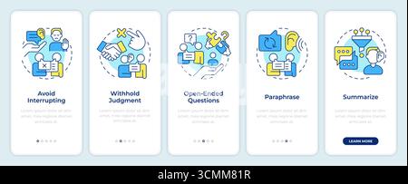 Active listening techniques onboarding mobile app screen Stock Vector