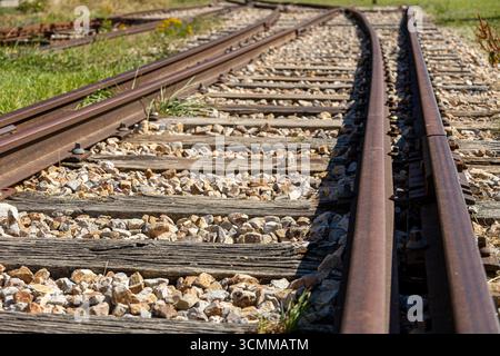 Detail of an old railroad switch. Grass grows between the tracks. The tracks are old and rusty Stock Photo