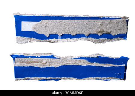 Set of blue grunge banners created from torn, long flaps of blue paper box packaging isolated on a white background with clipping path. Stock Photo