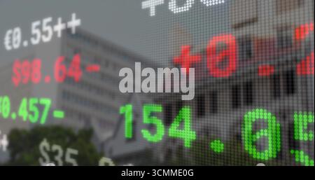 Displaying dot matrix ticker covering financial district skyline, with office building and trees Stock Photo