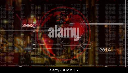 Red digital globe rotating in HUD interface, with hexagonal panels error codes 2002-2014 markers Stock Photo
