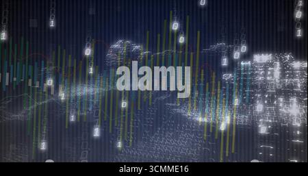 Showing 3D data visualization in digital space with bars, mesh, trend lines, floating binary digits Stock Photo