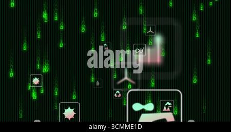 Displaying eco icons from CO?-label to sunburst shapes over dashboard amid binary digits Stock Photo