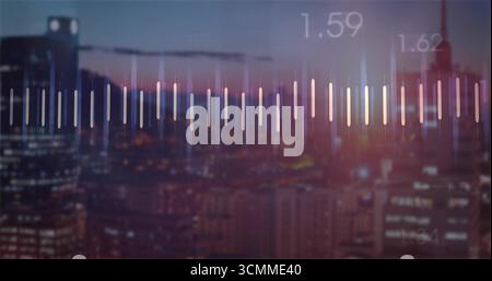 Displaying vertical data bar graph overlay over downtown skyline at dusk, with numeric labels Stock Photo