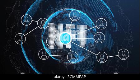 Projecting white dot-matrix IOT letters over dark virtual network, with stylized globe and avatars Stock Photo