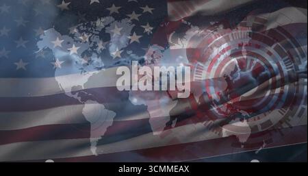 Displaying world map silhouette in digital graphic composition, with American flag and circular HUD Stock Photo