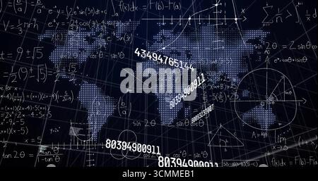 Displaying dotted world map overlaying 3D grid in data space, with math formulas and numbers Stock Photo