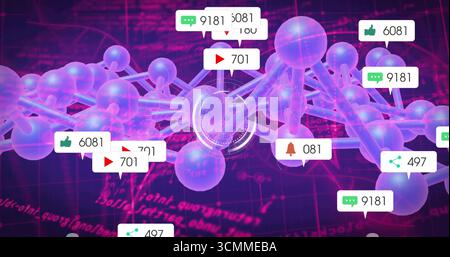 Displaying purple cylinder bonded network nodes floating in cyberspace, HUD and notification icons Stock Photo
