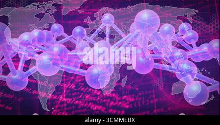 Displaying translucent spheres rods network across cyberspace world map, showing pink hexagon code Stock Photo
