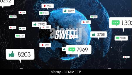 Displaying blue mesh globe centered in dark tech network, with SWEET text and floating social icons Stock Photo