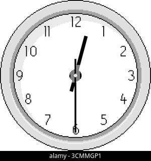 Pixel vector illustration of a round analog wall clock showing half past twelve. Minimal pixel art style. Isolated object with retro design. Stock Vector