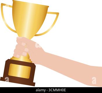 Hand Holding Golden Trophy Cup. Champion and Winning Concept Vector Illustration. Stock Vector