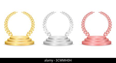 Stage Podium with Gold, Silver and Bronze Laurel Wreath. Winner Podium. Champion and Winning or Celebration Concept. Vector Illustration Stock Vector
