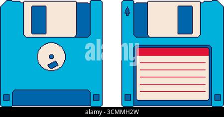Pixel art blue floppy disks front and back view. Vector illustration set Stock Vector