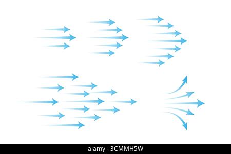Blue gradient arrow collection with air flow patterns for navigation and direction design. Straight pointers with curved. Various cooling and purification symbol for climate control equipment. Stock Vector