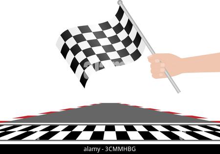 Checkered Flag in Hand Waving in Sport Racing Track Stadium. Racing Track with Start or Finish line. Race track road. Vector Illustration. Stock Vector