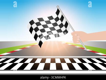 Checkered Flag in Hand Waving in Sport Racing Track Stadium. Racing Track with Start or Finish line. Race track road. Vector Illustration. Stock Vector