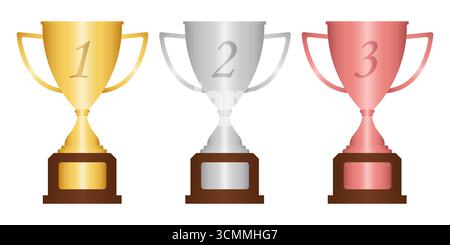 First, Second and Third Place Trophy Cup Award. Award or Champion Cup on Isolated White Background. Champion and Winning Concept Vector Illustration. Stock Vector
