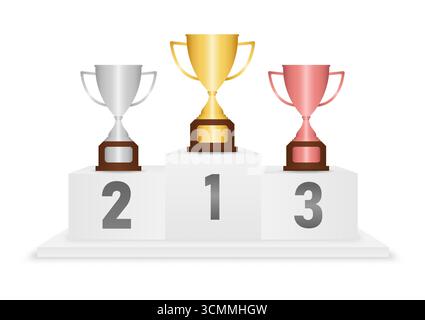 Trophy Cups on Pedestal Sport Podiums or Podium Winner Stand. Vector Illustration Isolated on White Background. Stock Vector