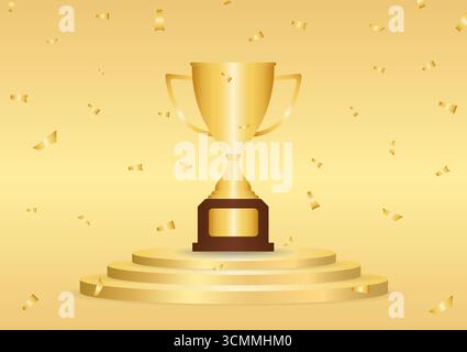 Golden Trophy Cup or Winner Cup Award on Stage Podium in Golden Background. Winner Podium. Champion and Winning or Celebration Concept. Stock Vector