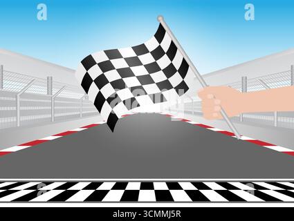 Checkered Flag in Hand Waving in Sport Racing Track Stadium. Racing Track with Start or Finish line. Race track road. Vector Illustration. Stock Vector