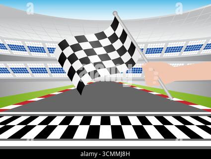 Checkered Flag in Hand Waving in Sport Racing Track Stadium. Racing Track with Start or Finish line. Race track road. Vector Illustration. Stock Vector