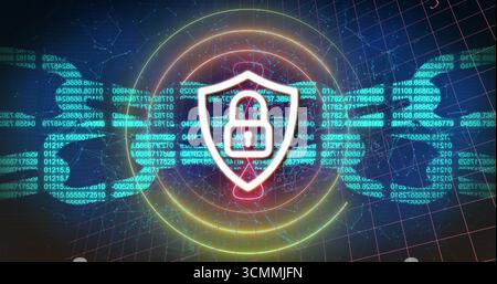Highlighting white-outlined shield with padlock icon floating on dark grid with code links, rings Stock Photo