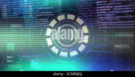 Displaying central circular HUD graphic over HUD screen, with grid, radial lines and code snippets Stock Photo