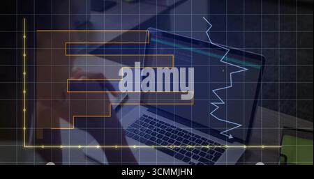 Leaning developer reviewing laptop code, graph at desk with papers and grid overlay, copy space Stock Photo