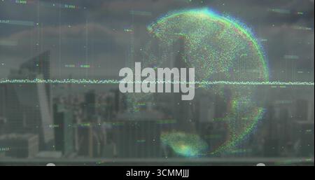 Hovering holographic globe showing data points over city skyline with numeric codes and data stream Stock Photo