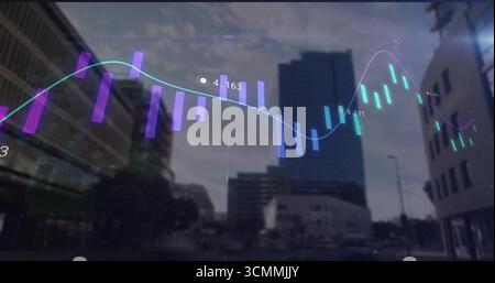 Displaying translucent bar chart and line graph overlay over downtown street, with numeric labels Stock Photo