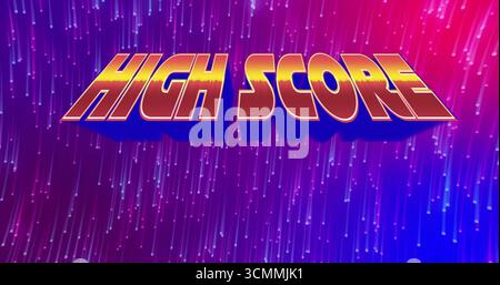 Displaying stylized HIGH SCORE text graphic in virtual neon rain, with falling pixelated lines Stock Photo