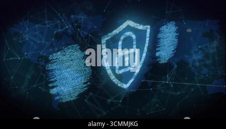 Displaying shield with padlock in network over world map with fingerprint holograms and nodes Stock Photo