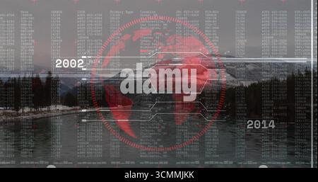 Displaying translucent red world map graphic over mountain lake, showing data and labels 2002 2014 Stock Photo